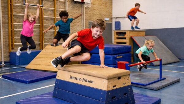 Kinderen aan het freerunnen in de gymzaal