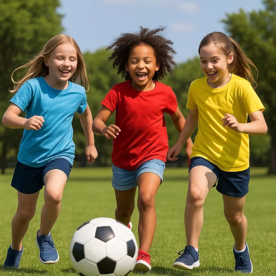 Naschoolse activiteit Meidenvoetbal: Blije meisjes rennen achter de voetbal