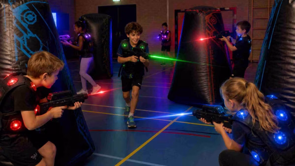 Kinderen aan het lasergamen in gymzaal